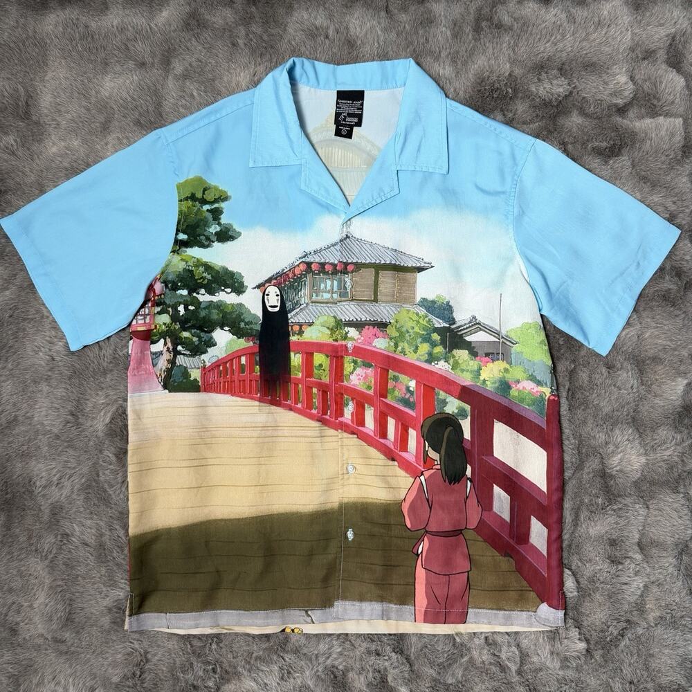 Studio Ghibli Spirited Away Bathhouse Bridge Woven Button-Up Size Large
